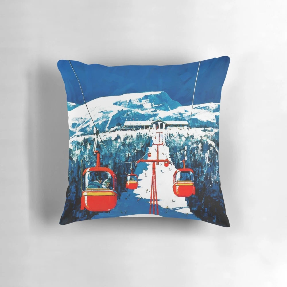Vintage gondola and ski lift poster art printed on a soft, plush pillow