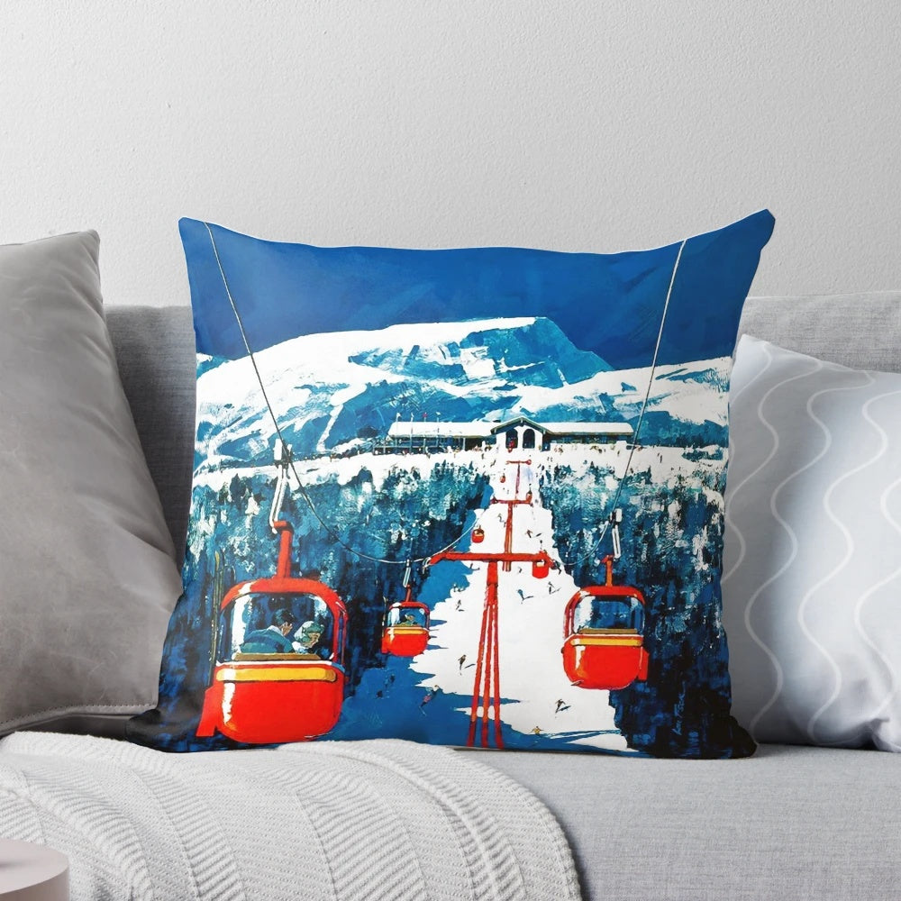 Vintage gondola and ski lift poster art printed on a soft, plush pillow