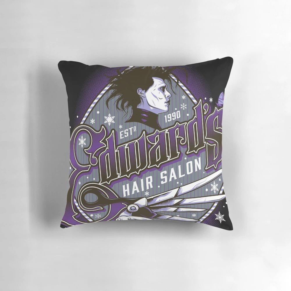 Vintage Gothic Hair Salon Pillow with Scissors, Snowflake, and Hairdresser Elements
