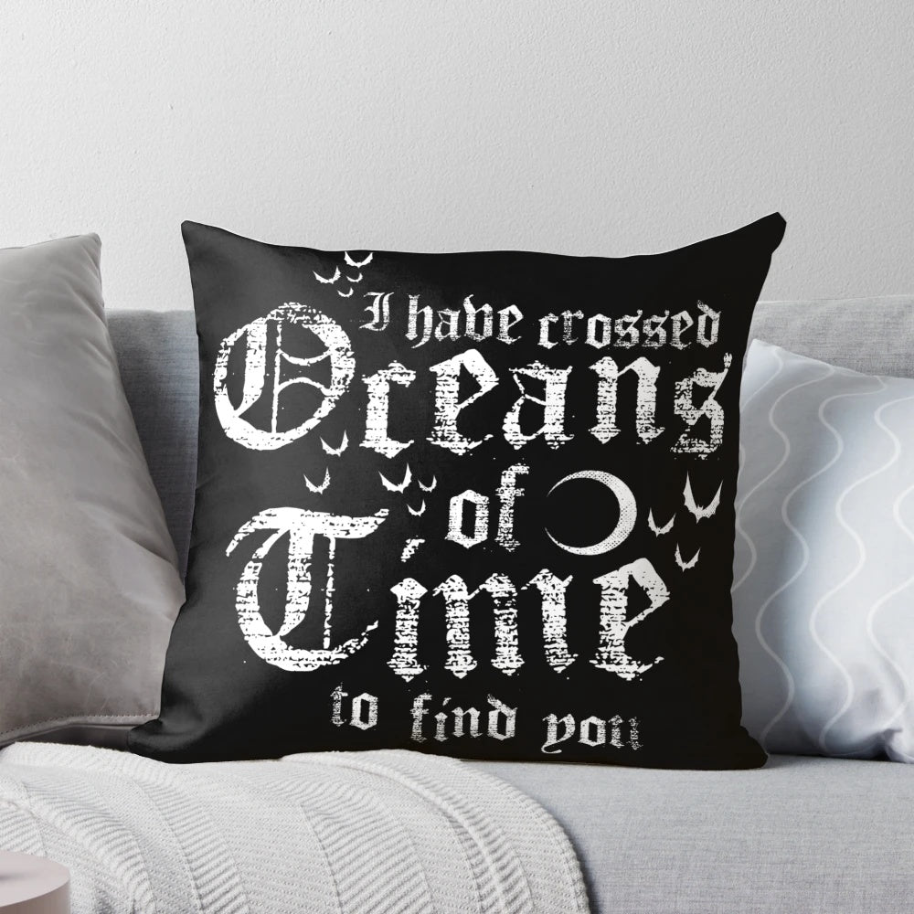 Vintage distressed gothic horror pillow featuring a vampire design with the text "Oceans of Time