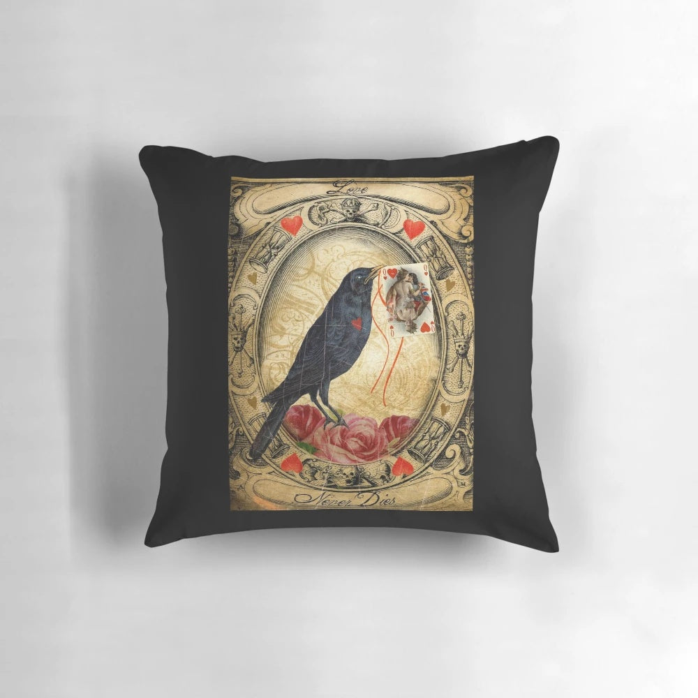 Vintage gothic-style "Love Never Dies" collage pillow design featuring a raven, skull, and antique elements.