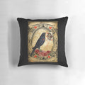 Vintage gothic-style "Love Never Dies" collage pillow design featuring a raven, skull, and antique elements.