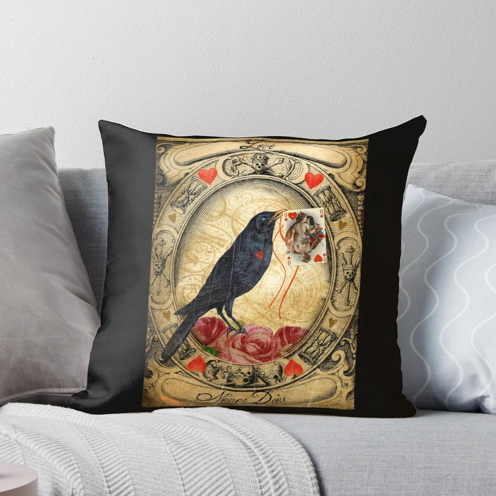 Vintage gothic-style "Love Never Dies" collage pillow design featuring a raven, skull, and antique elements.