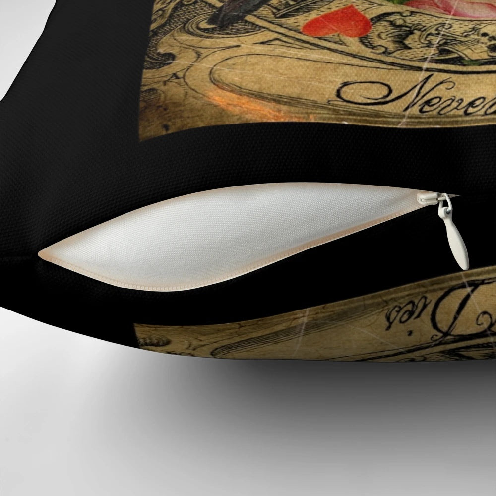 Vintage gothic-style "Love Never Dies" collage pillow design featuring a raven, skull, and antique elements.