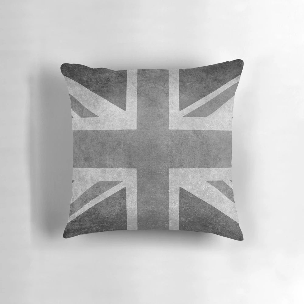 Vintage-style grayscale Union Jack pillow with a distressed, aged appearance