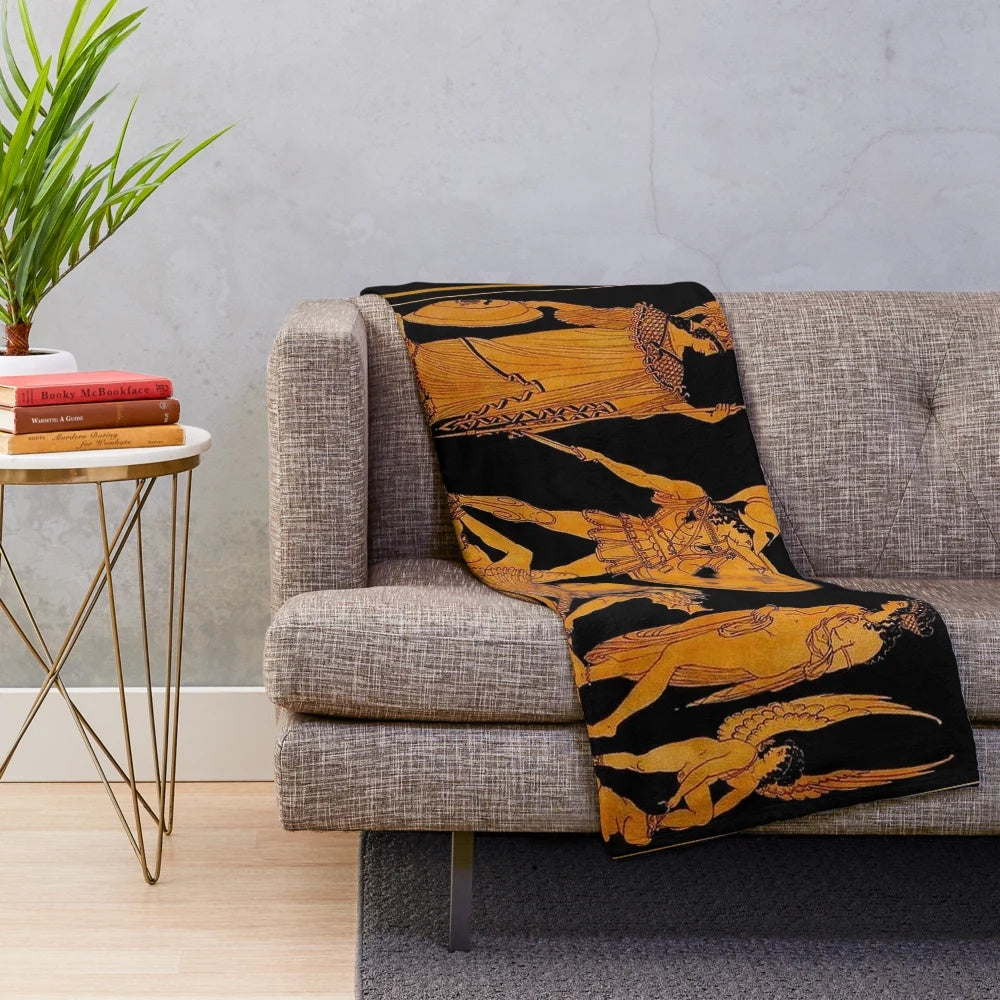 Vintage-style plush blanket featuring an ancient Greek goddess and god frieze design
