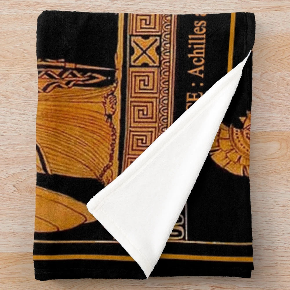Vintage-style plush blanket featuring an ancient Greek goddess and god frieze design