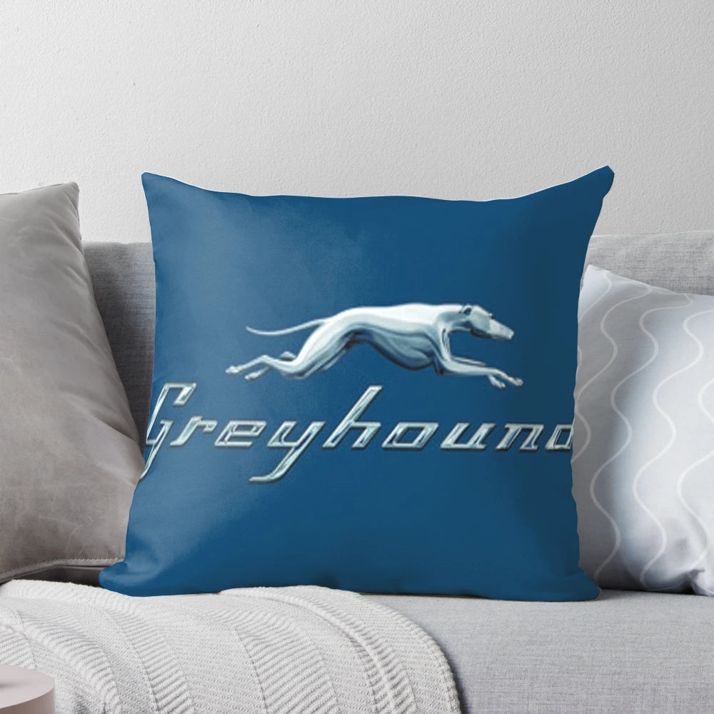 Vintage Greyhound blue bus logo printed on a soft, comfortable pillow for home decor