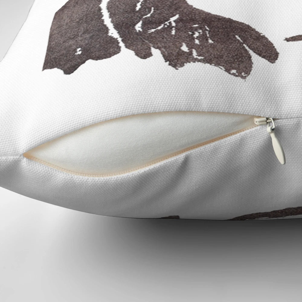 Vintage-style sketch of a grumpy frog on a decorative pillow