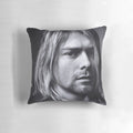 Vintage music poster pillow featuring a portrait of Kurt Cobain, the lead singer of the grunge band Nirvana.