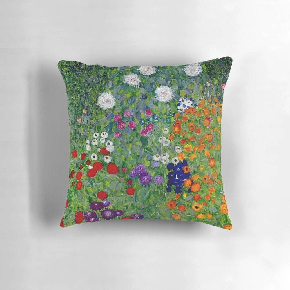 Vintage botanical print of Gustav Klimt's Bauerngarten flower garden art on a decorative pillow