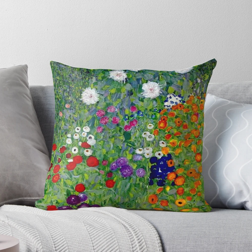 Vintage botanical print of Gustav Klimt's Bauerngarten flower garden art on a decorative pillow