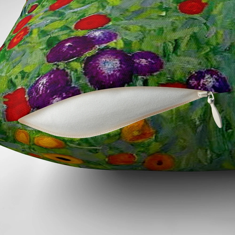 Vintage botanical print of Gustav Klimt's Bauerngarten flower garden art on a decorative pillow