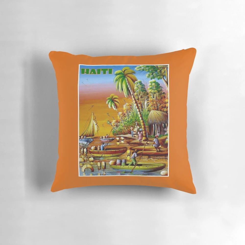 Vintage advertising pillow featuring iconic Haitian work boats, palm trees, and birds against a tropical backdrop.
