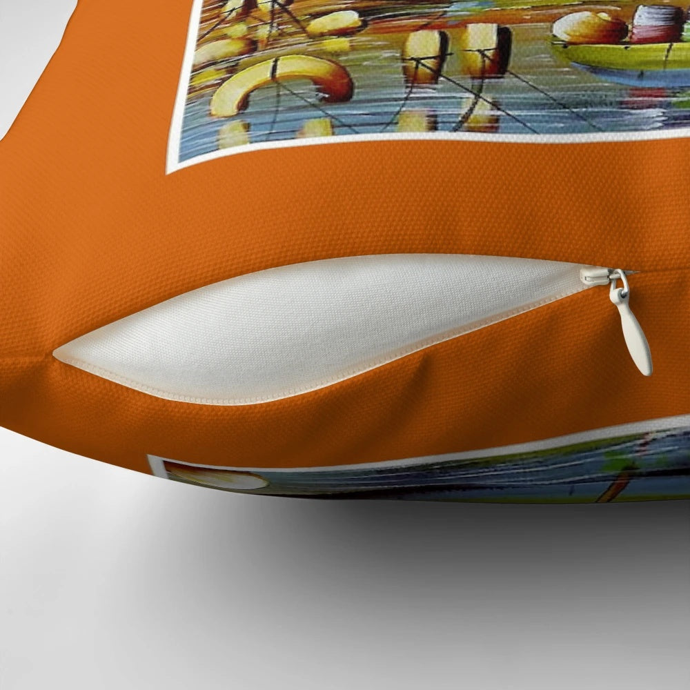 Vintage advertising pillow featuring iconic Haitian work boats, palm trees, and birds against a tropical backdrop.