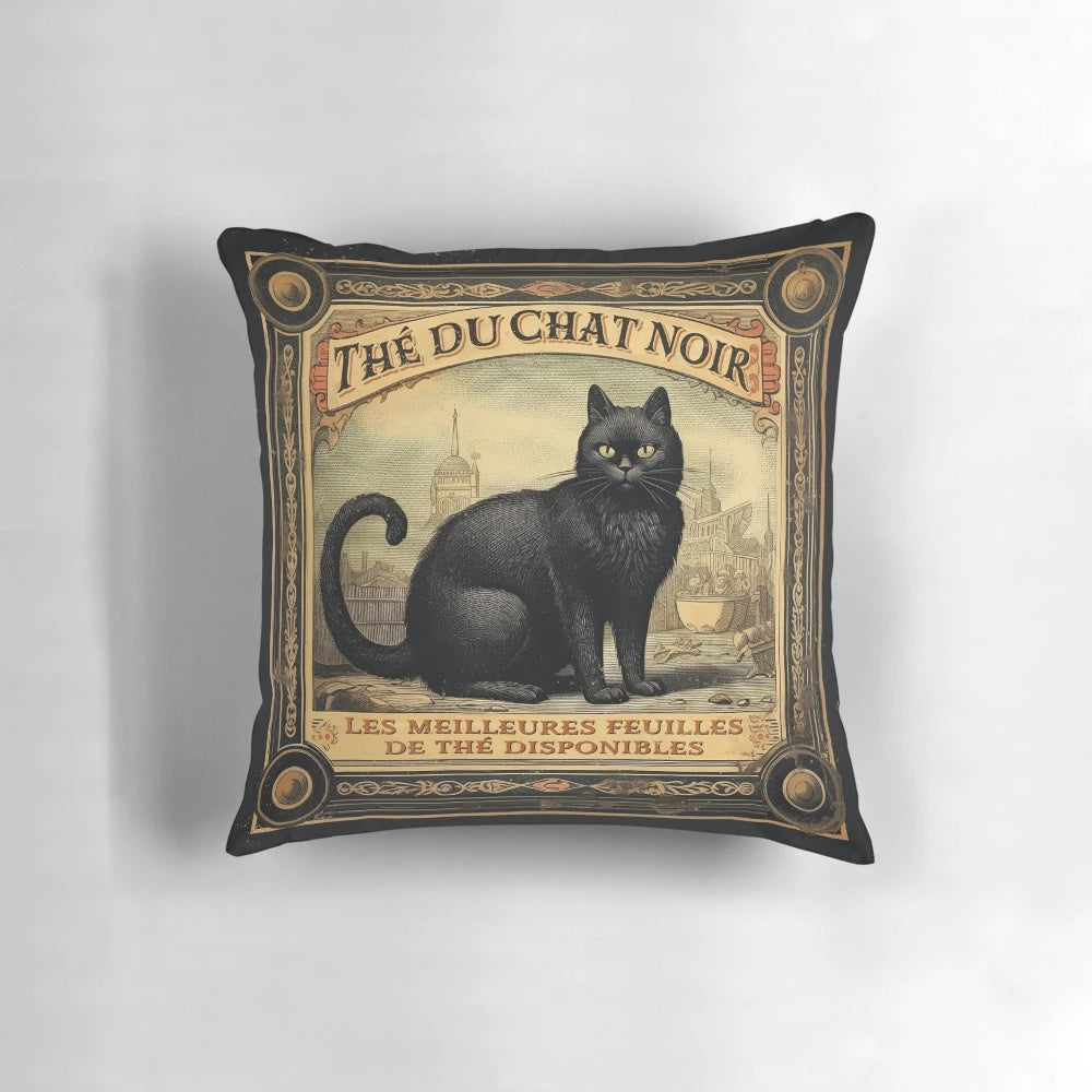 Vintage black cat tea advertisement illustration on a decorative pillow for Halloween and autumn home décor.