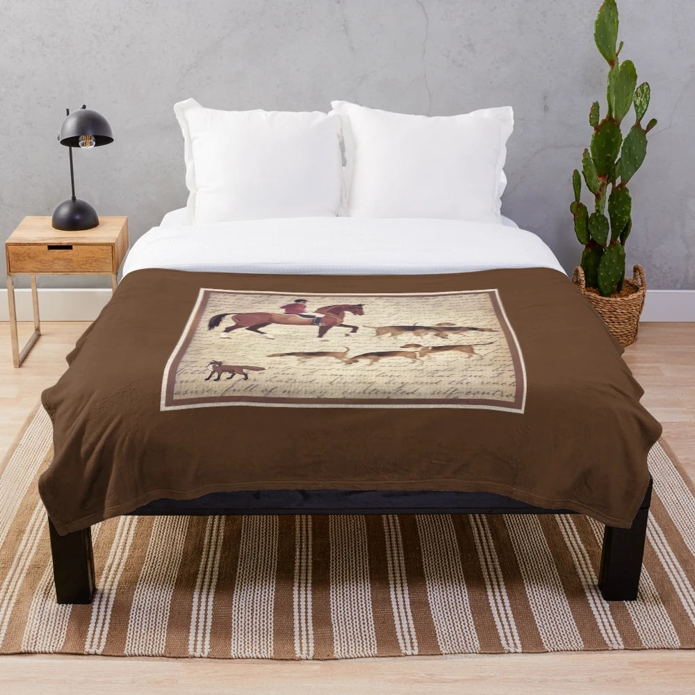 Vintage handwriting foxhunt equestrian print plush blanket