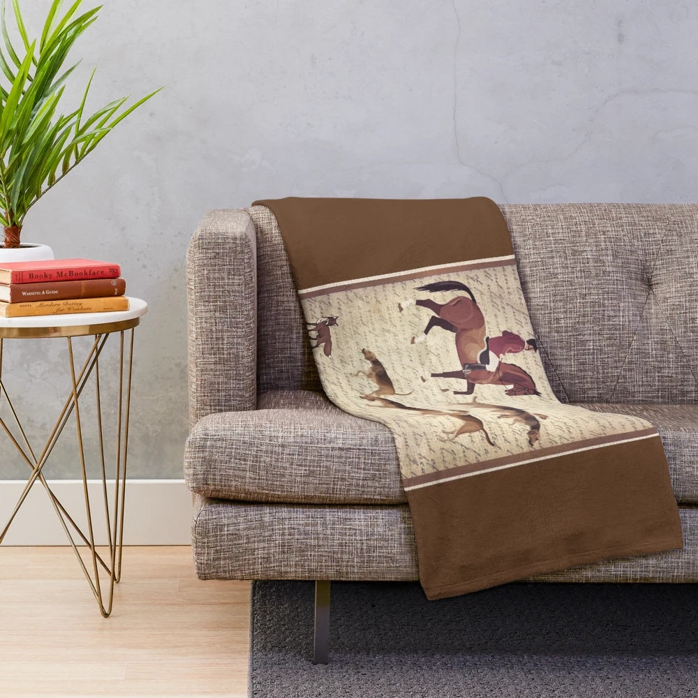 Vintage handwriting foxhunt equestrian print plush blanket