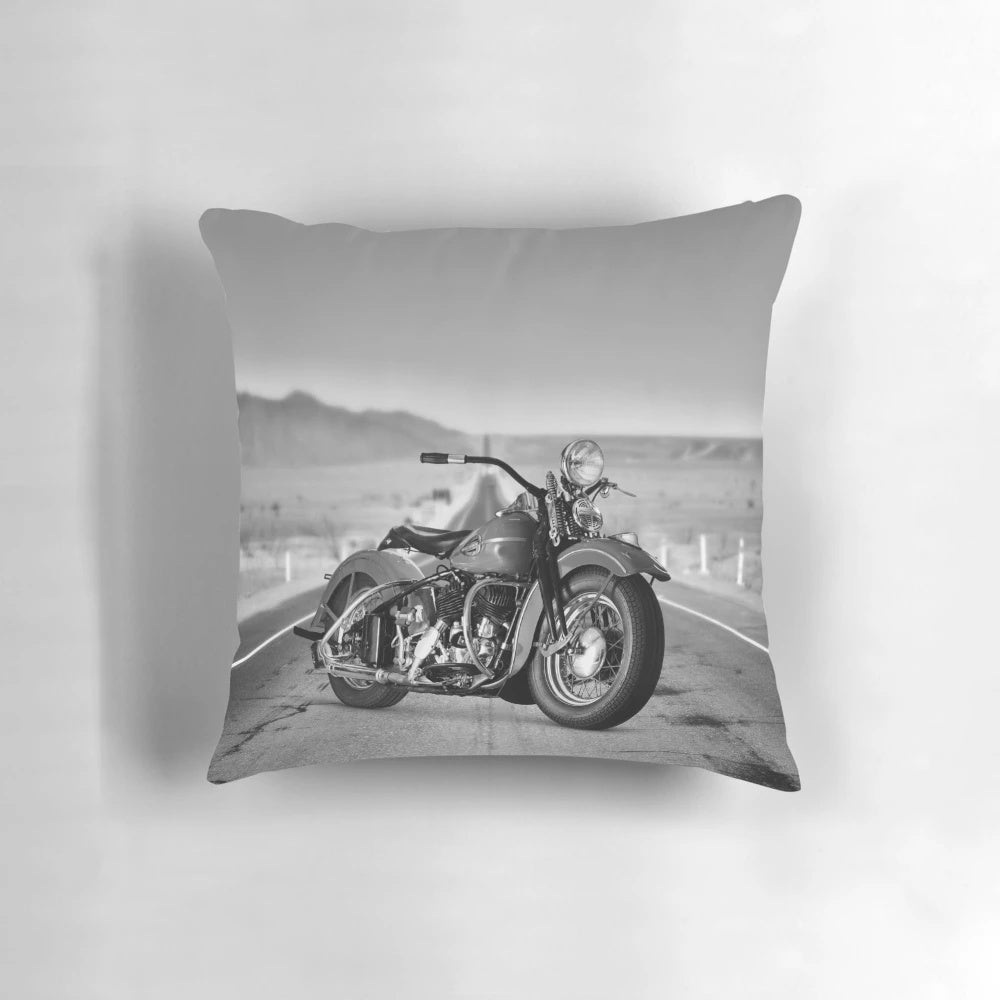 Vintage Harley Davidson Motorcycle Pillow featuring a classic desert road hog design