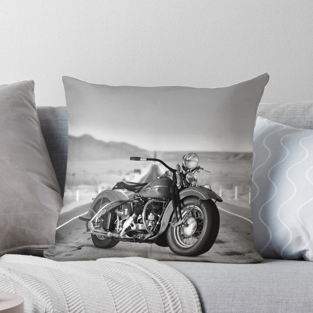Vintage Harley Davidson Motorcycle Pillow featuring a classic desert road hog design