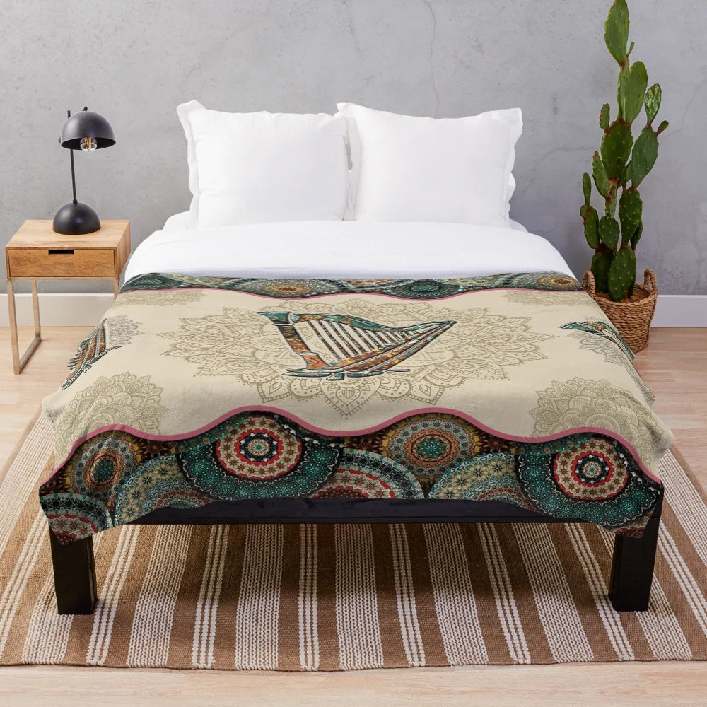 Vintage harp mandala print plush blanket