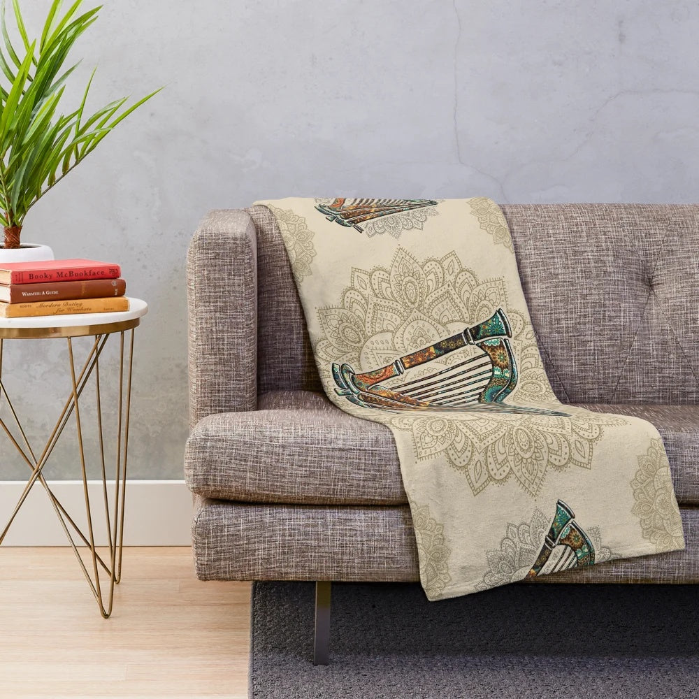Vintage harp mandala print plush blanket