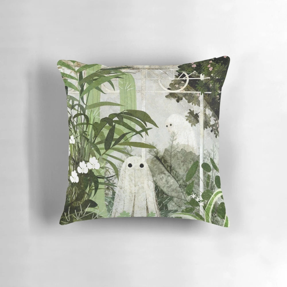 A vintage-style pillow featuring a ghostly figure in an abandoned greenhouse, surrounded by lush plants and flowers.