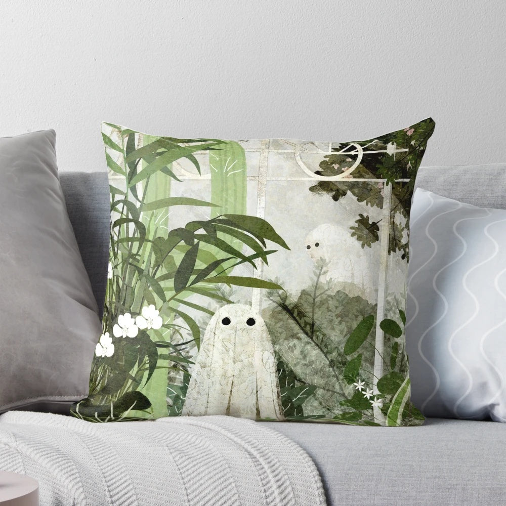 A vintage-style pillow featuring a ghostly figure in an abandoned greenhouse, surrounded by lush plants and flowers.