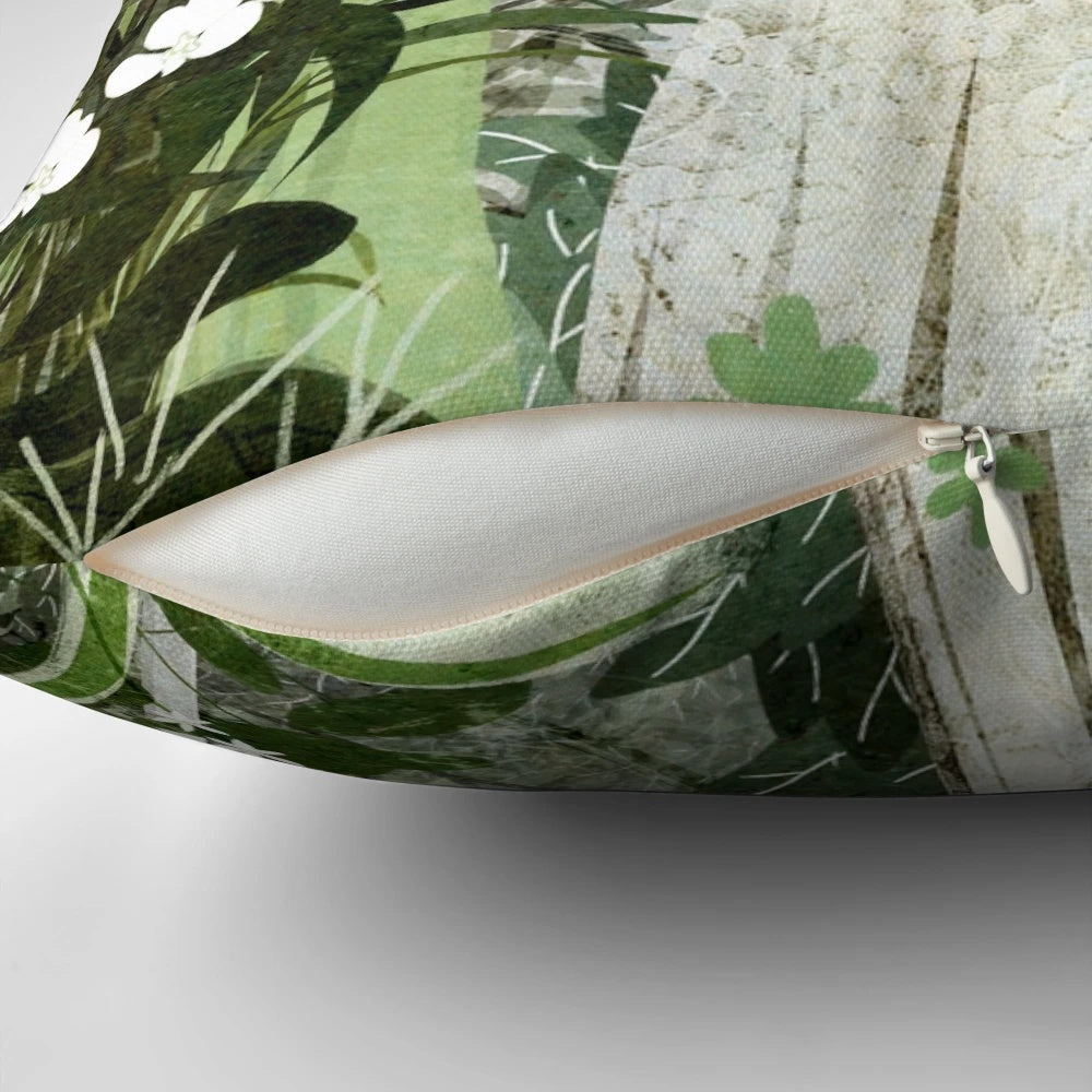 A vintage-style pillow featuring a ghostly figure in an abandoned greenhouse, surrounded by lush plants and flowers.