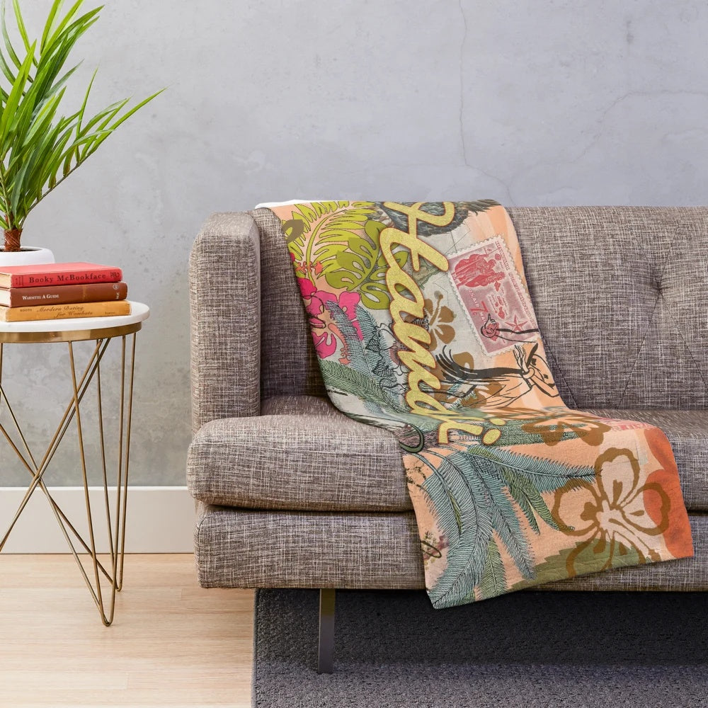 Vintage Hawaii Tropical Collage Plush Blanket with Hawaiian Flowers, Palm Trees, and Tropical Motifs