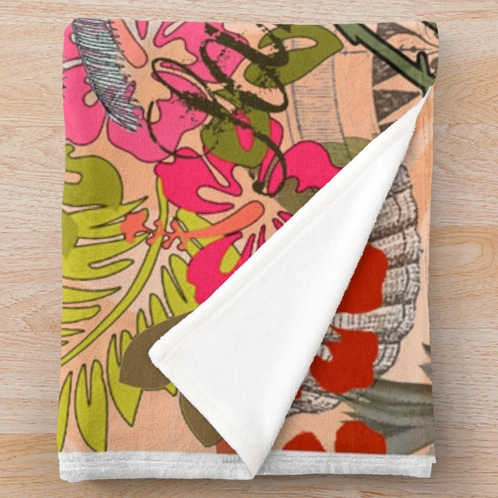 Vintage Hawaii Tropical Collage Plush Blanket with Hawaiian Flowers, Palm Trees, and Tropical Motifs
