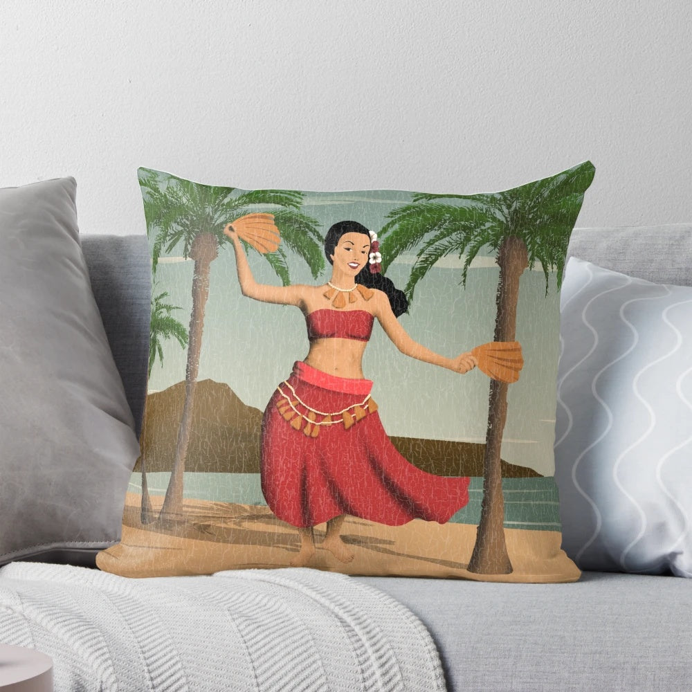 Vintage Hawaiian hula girl distressed pillow with palm trees and tropical flowers