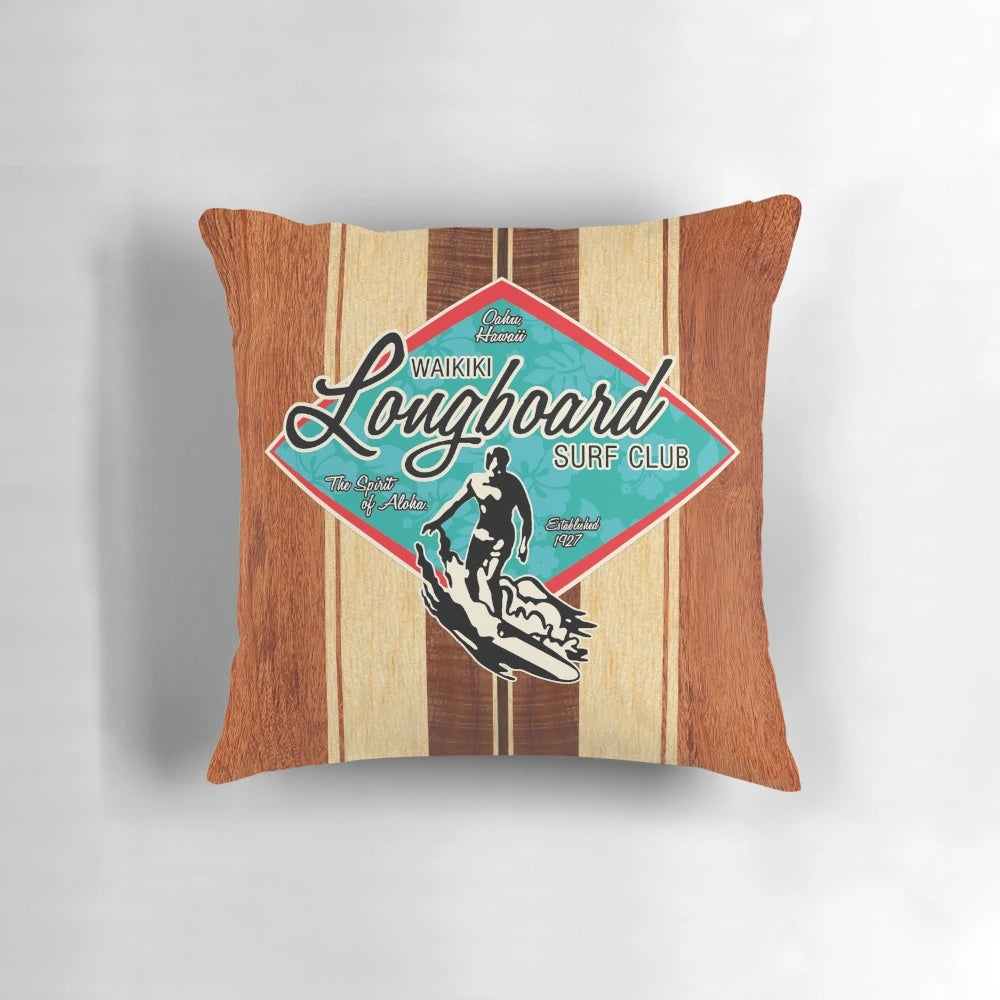 Vintage Hawaiian surfing pillow featuring a retro Waikiki surf club design and surfer