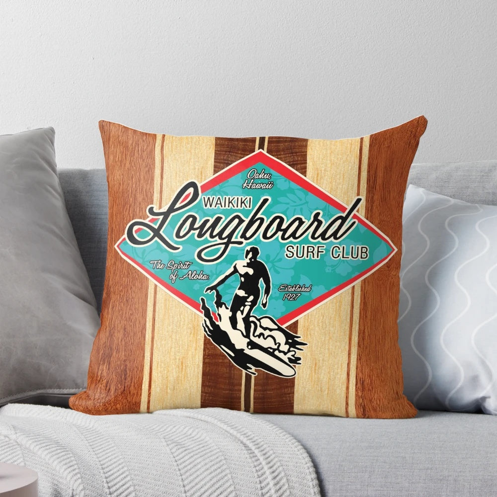 Vintage Hawaiian surfing pillow featuring a retro Waikiki surf club design and surfer