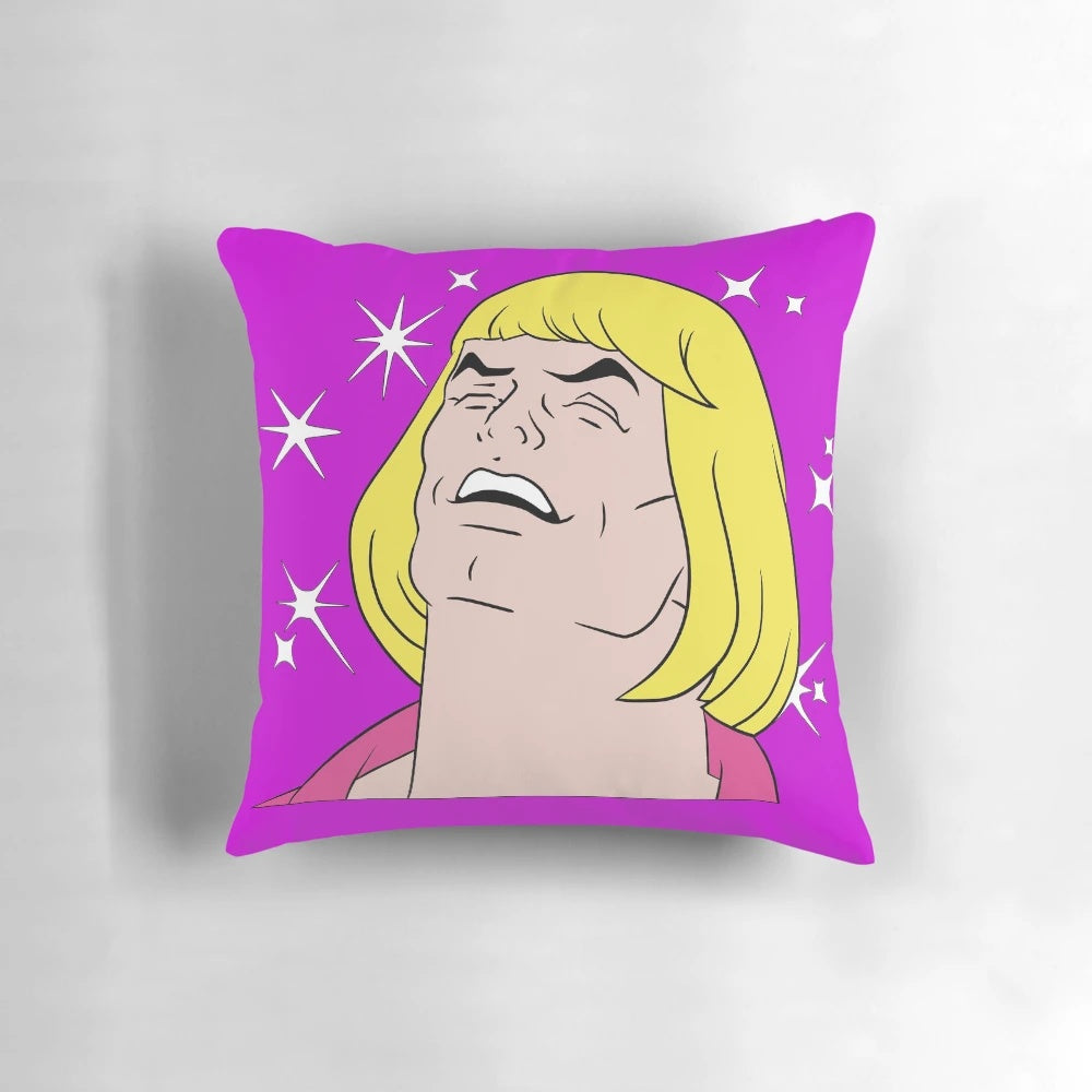 Vintage-inspired He-Man meme pillow featuring the iconic "HEYYEYAAEYAAAEYAEYAA" quote from the 80s/90s cartoon series.