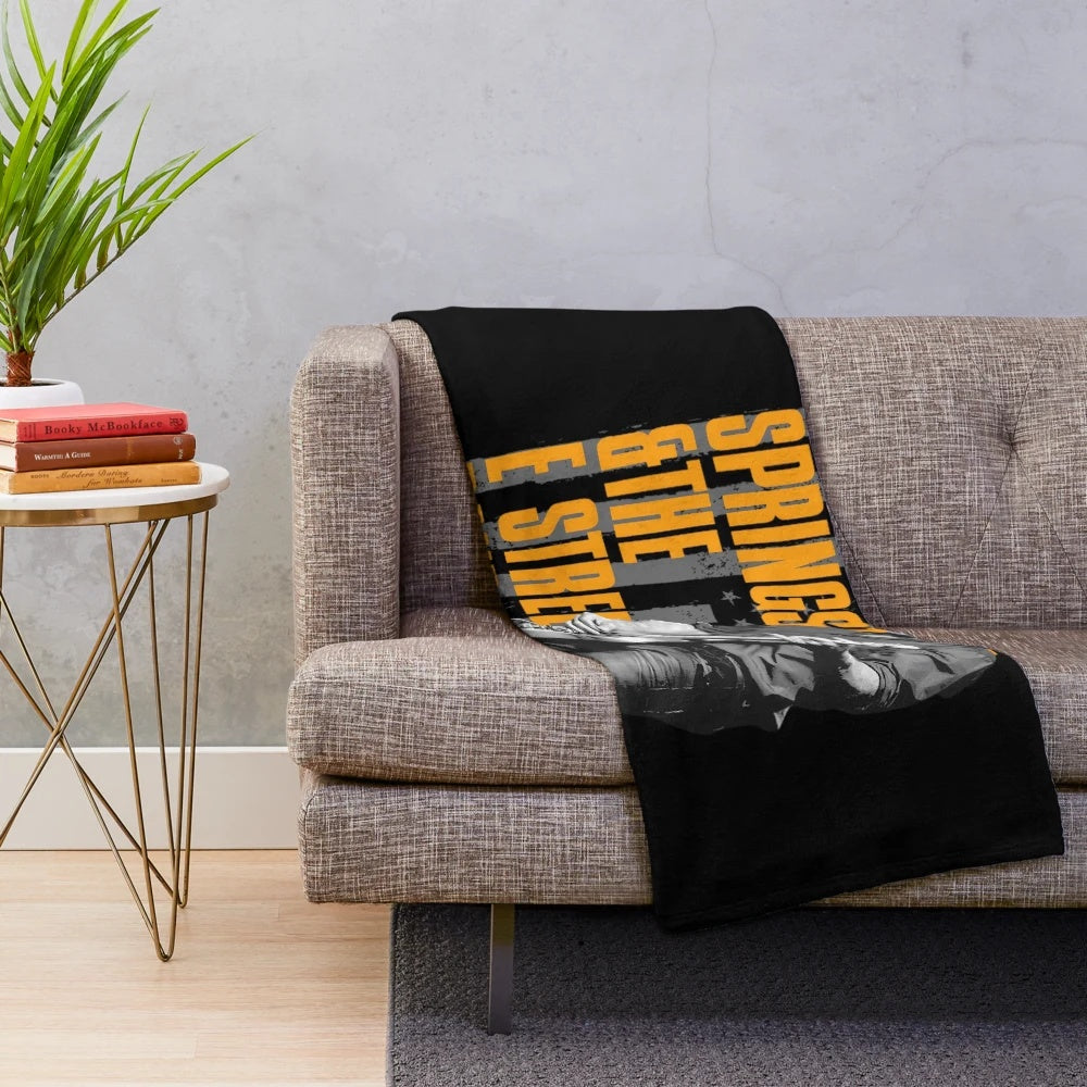Vintage heavy metal rock music plush blanket featuring Bruce Springsteen's "The Boss" album art and tour imagery