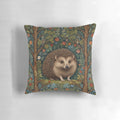 Vintage-inspired throw pillow with a hedgehog design surrounded by a lush woodland forest and floral fauna