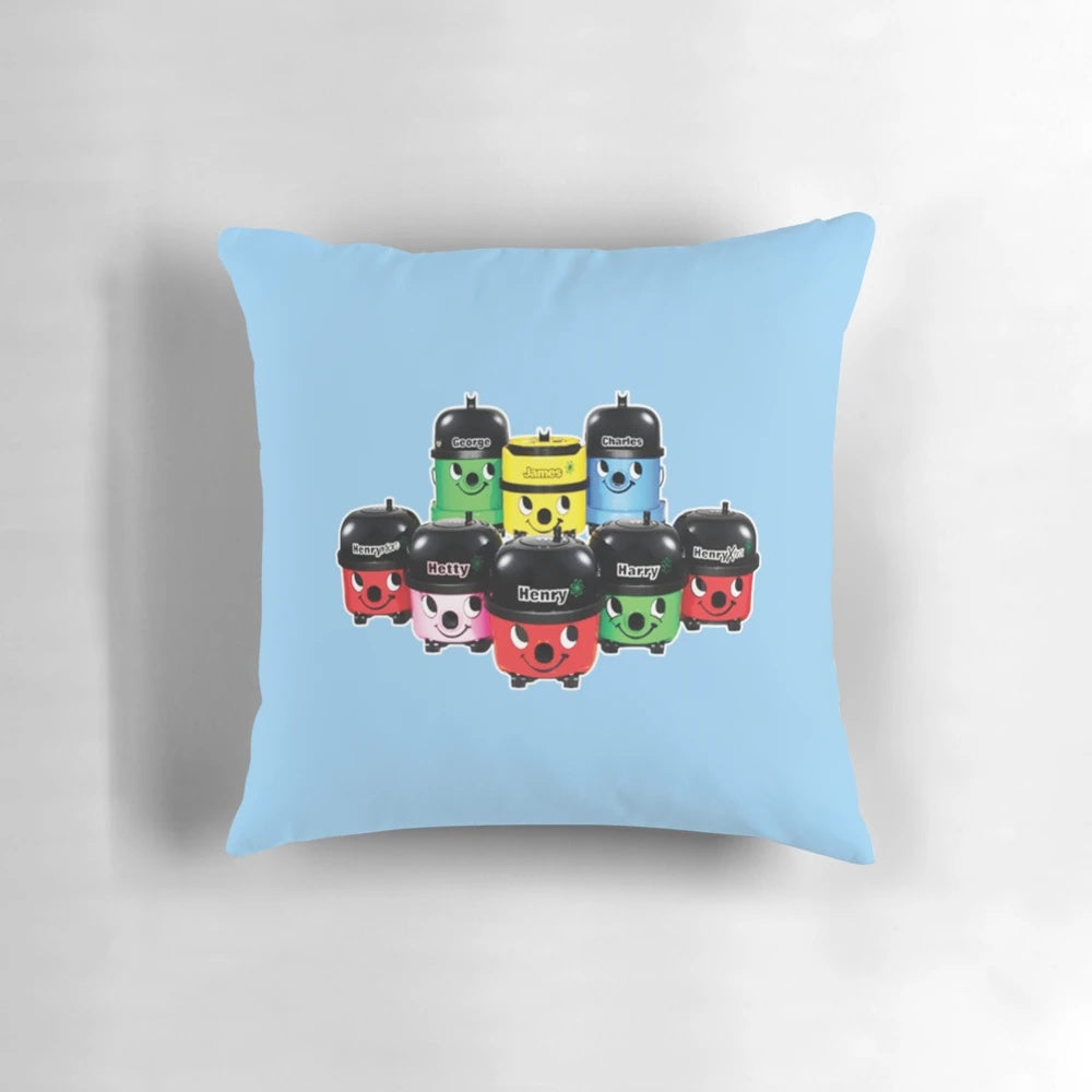 Vintage-style pillow featuring Henry Hoover, the iconic retro vacuum cleaner, in a cute and nostalgic design.