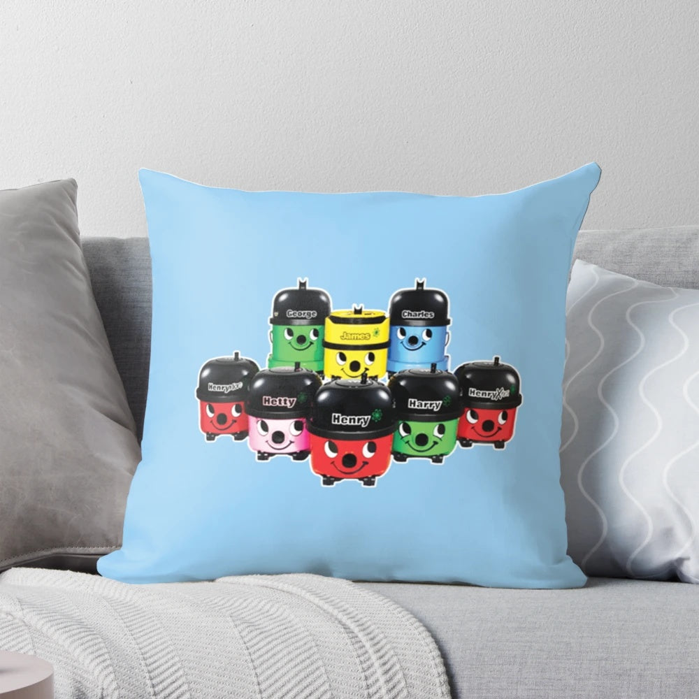 Vintage-style pillow featuring Henry Hoover, the iconic retro vacuum cleaner, in a cute and nostalgic design.