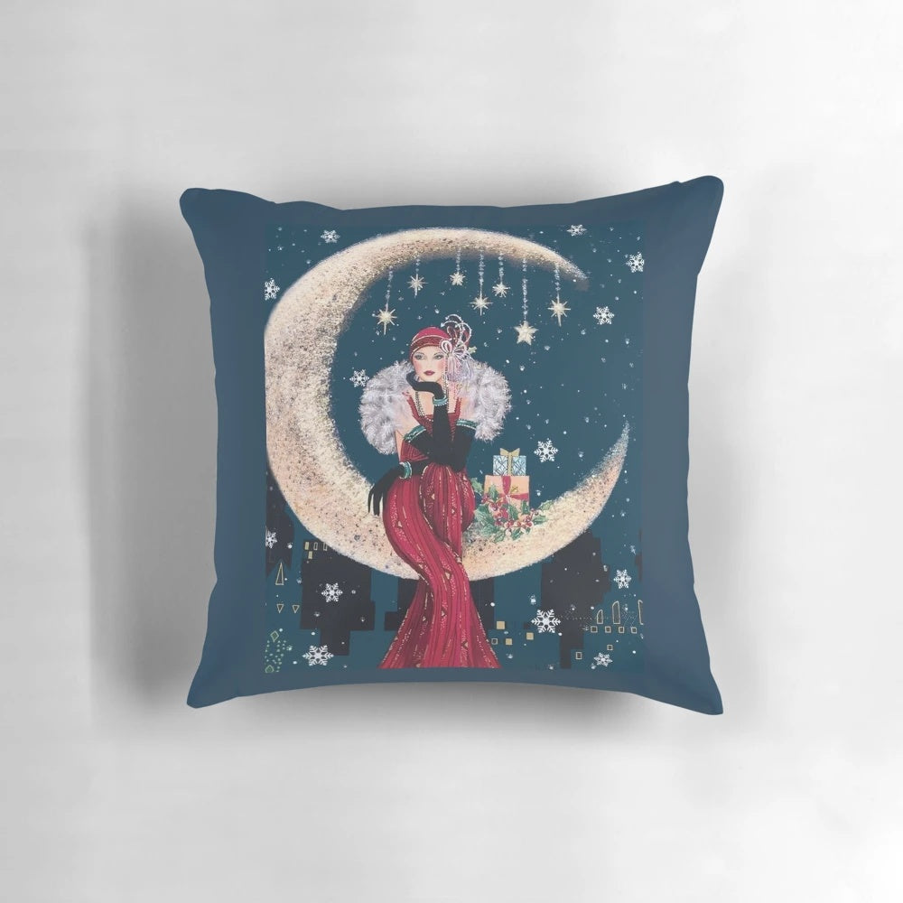 Vintage-inspired flapper style pillow with moon, stars, and whimsical patterns