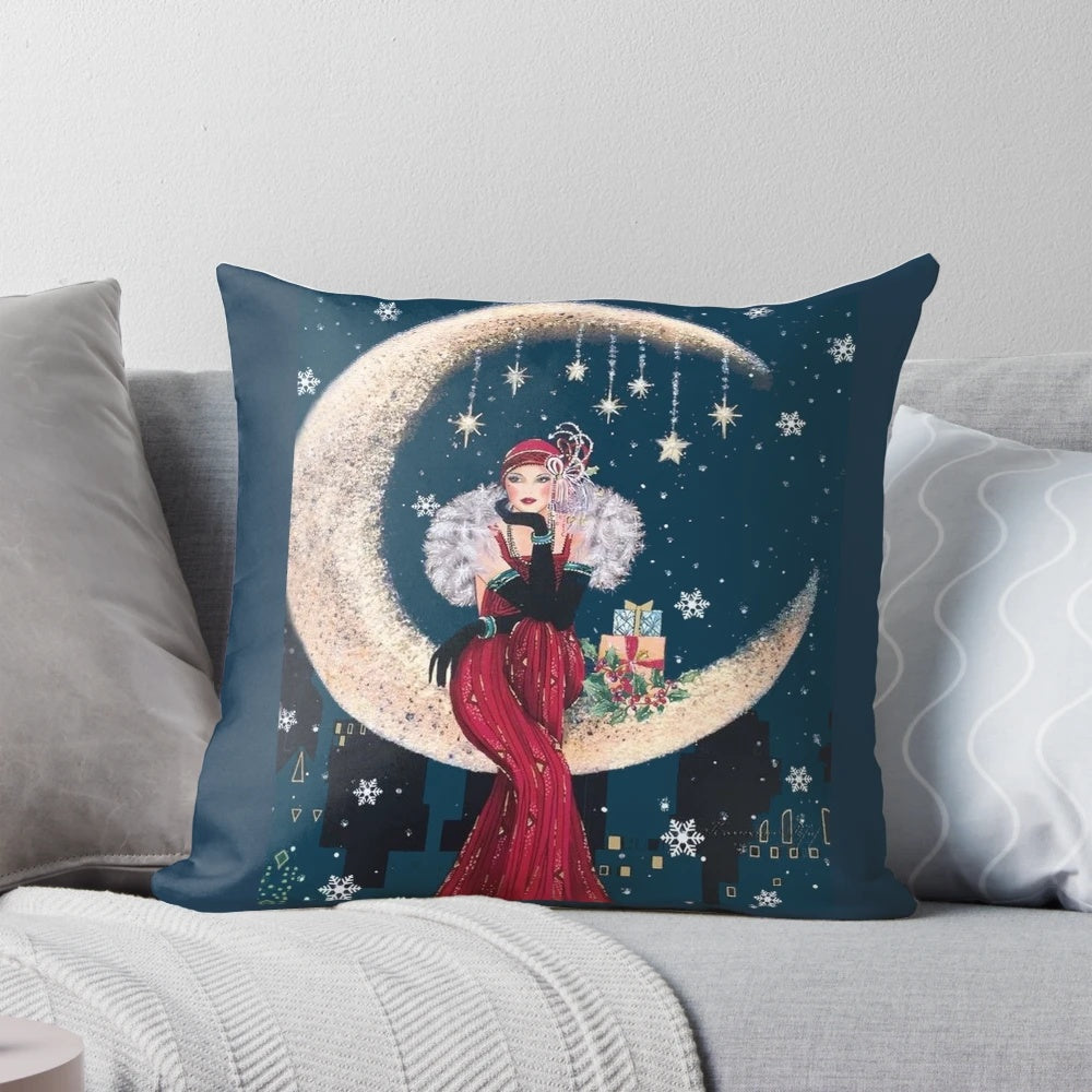 Vintage-inspired flapper style pillow with moon, stars, and whimsical patterns