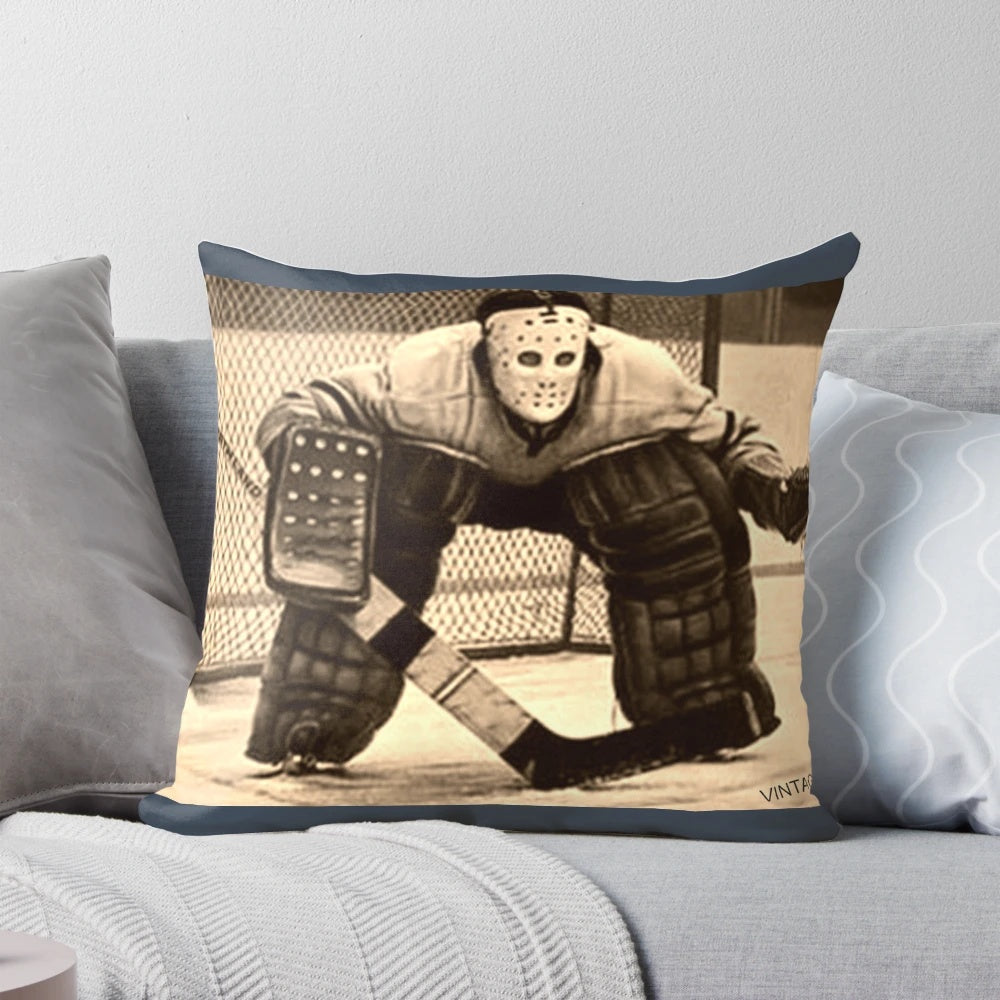 Vintage-inspired hockey pillow with classic black and white design