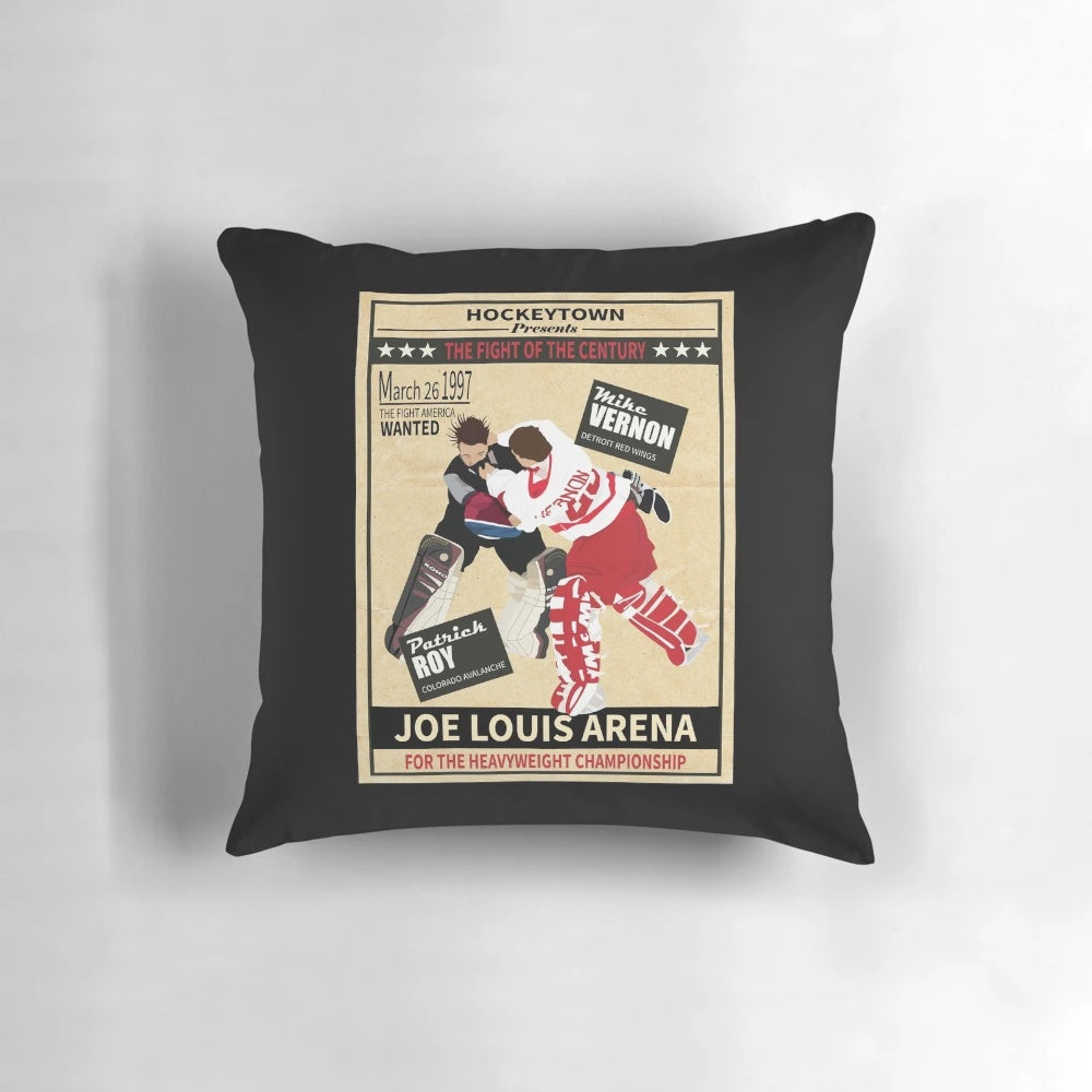 Vintage-style pillow featuring a goalie fight between the Detroit Red Wings and Colorado Avalanche, incorporating the focus keywords "goalie fight" and "red wings vs avalanche".