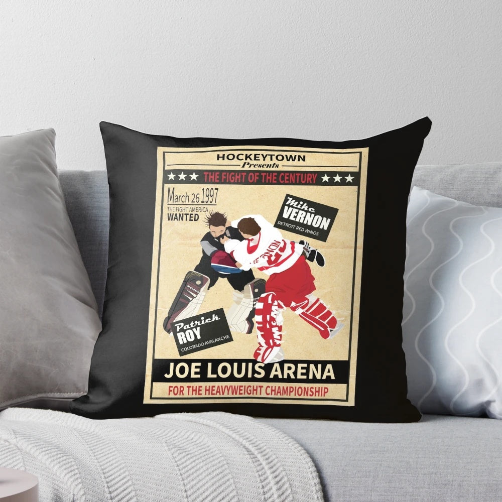 Vintage-style pillow featuring a goalie fight between the Detroit Red Wings and Colorado Avalanche, incorporating the focus keywords "goalie fight" and "red wings vs avalanche".