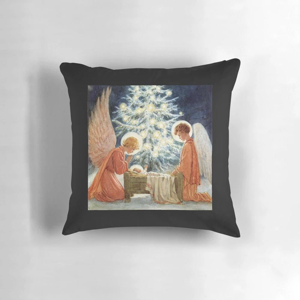 Vintage-inspired Christmas manger pillow featuring the artwork of Margaret Tarrant