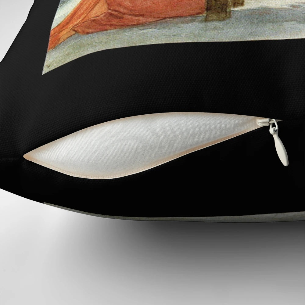 Vintage-inspired Christmas manger pillow featuring the artwork of Margaret Tarrant