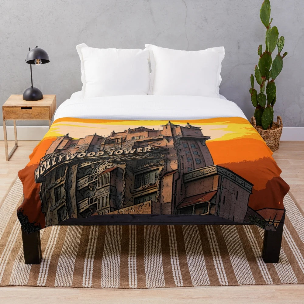Vintage Hollywood 1939 Inspired Plush Blanket with Disney Tower of Terror and Twilight Zone Motifs