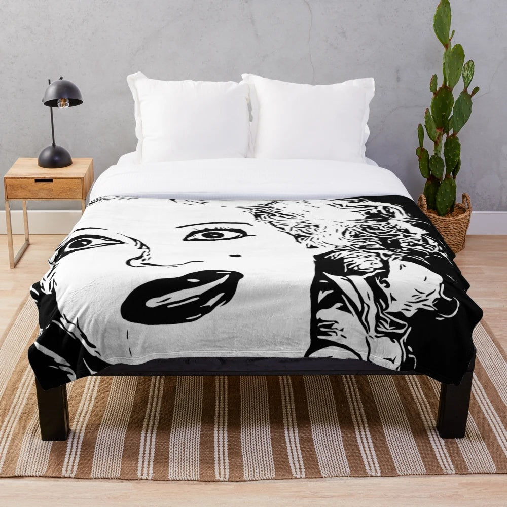 Vintage-inspired plush blanket featuring the iconic Bette Davis from the classic 1960s horror film "What Ever Happened to Baby Jane?
