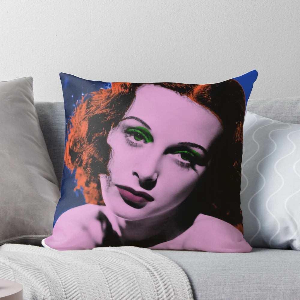 Decorative throw pillow featuring a portrait of the classic Hollywood actress and inventor Hedy Lamarr.