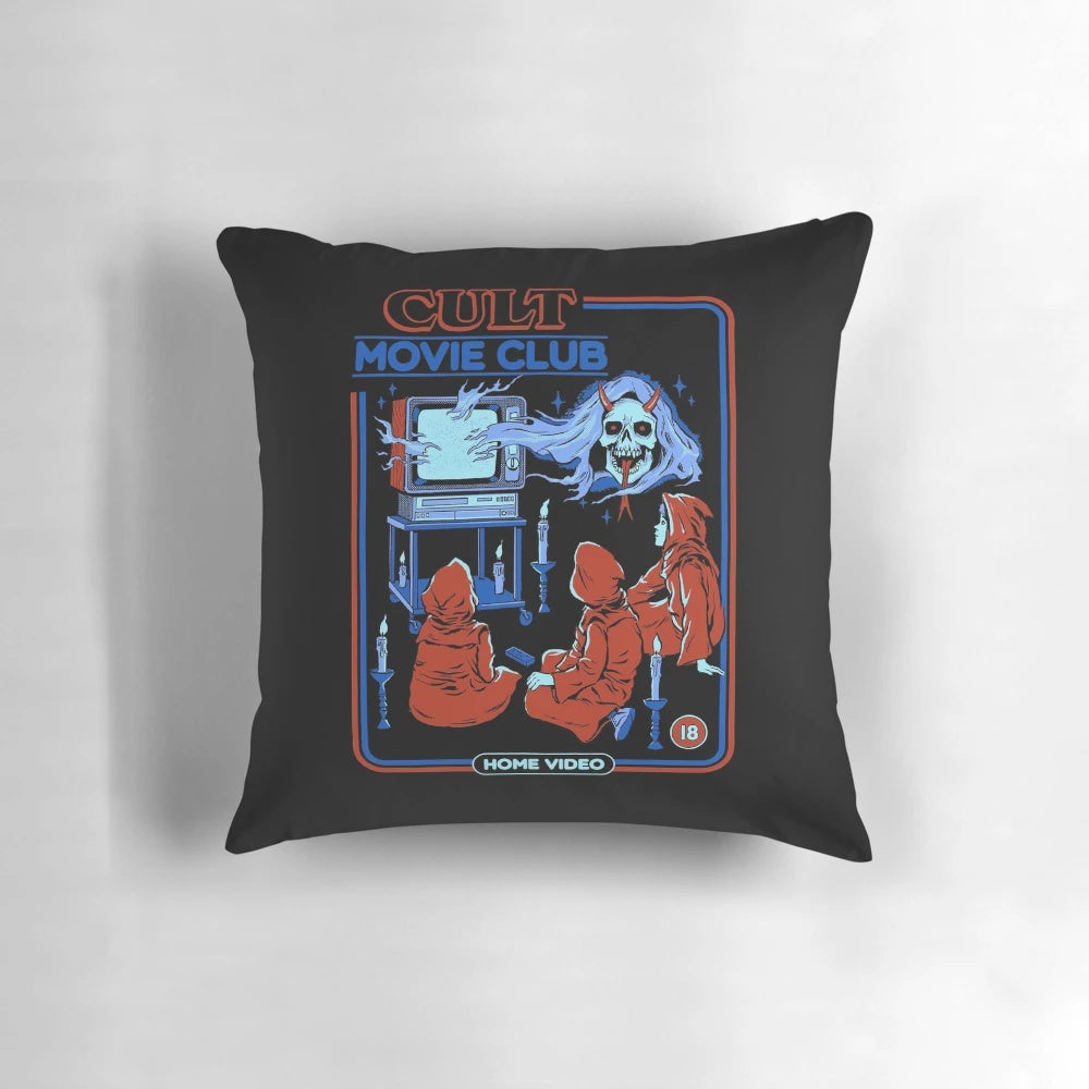 Vintage horror cult movie club pillow featuring retro film icons and nostalgia